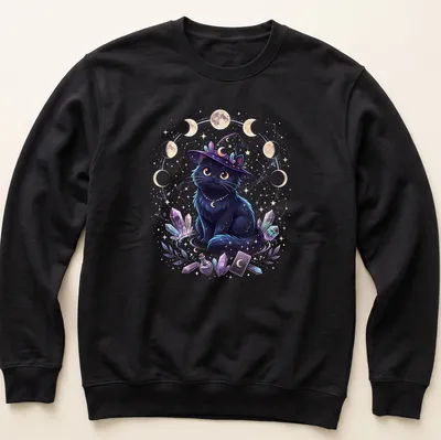 Kawaii black cat wearing a witch hat with moon cycles in pastel colors — printed on a unisex sweatshirt