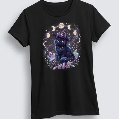 Kawaii black cat wearing a witch hat with moon cycles in pastel colors — printed on a women's shirt