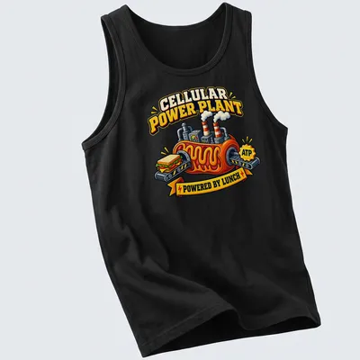 Cartoon power plant powered by lunch ATP, featuring bright colors and a sandwich. — printed on a tank top