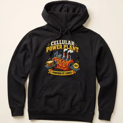 Cartoon power plant powered by lunch ATP, featuring bright colors and a sandwich. — printed on a unisex hoodie