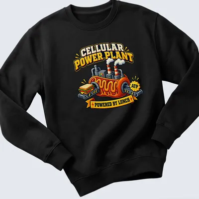 Cartoon power plant powered by lunch ATP, featuring bright colors and a sandwich. — printed on a unisex sweatshirt