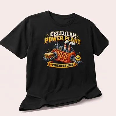 Cartoon power plant powered by lunch ATP, featuring bright colors and a sandwich. — printed on a unisex t-shirt (angled view)