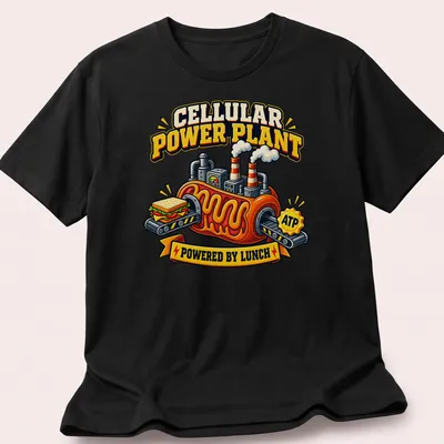 Cartoon power plant powered by lunch ATP, featuring bright colors and a sandwich. — printed on a unisex t-shirt