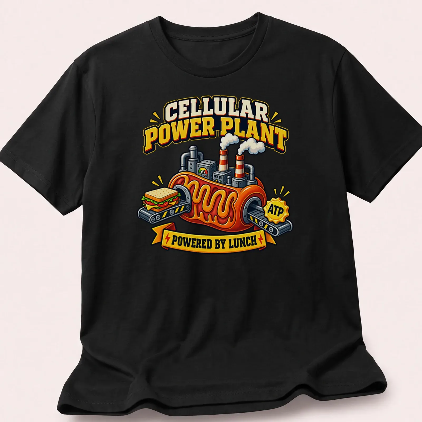 Cartoon power plant powered by lunch ATP, featuring bright colors and a sandwich. — printed on a unisex t-shirt