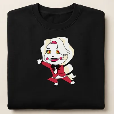 Kawaii style shirt featuring cartoon character Charlie Morningstar with colorful text. — printed on a unisex sweatshirt