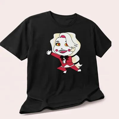 Kawaii style shirt featuring cartoon character Charlie Morningstar with colorful text. — printed on a unisex t-shirt (angled view)