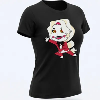 Kawaii style shirt featuring cartoon character Charlie Morningstar with colorful text. — printed on a women's shirt