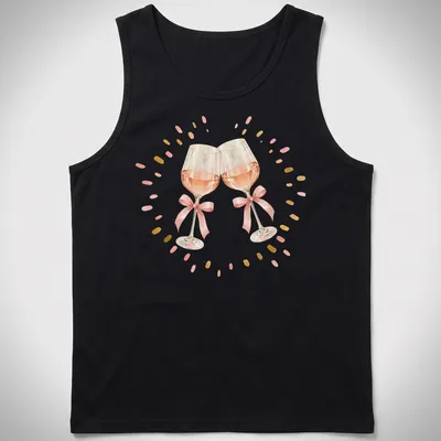 Watercolor design of two pink wine glasses clinking against a white background — printed on a tank top