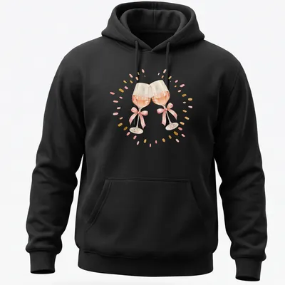 Watercolor design of two pink wine glasses clinking against a white background — printed on a unisex hoodie