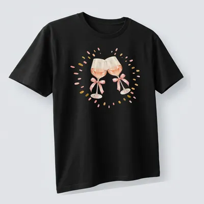 Watercolor design of two pink wine glasses clinking against a white background — printed on a unisex t-shirt (angled view)