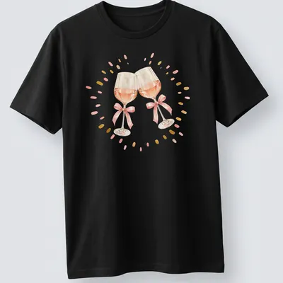 Watercolor design of two pink wine glasses clinking against a white background