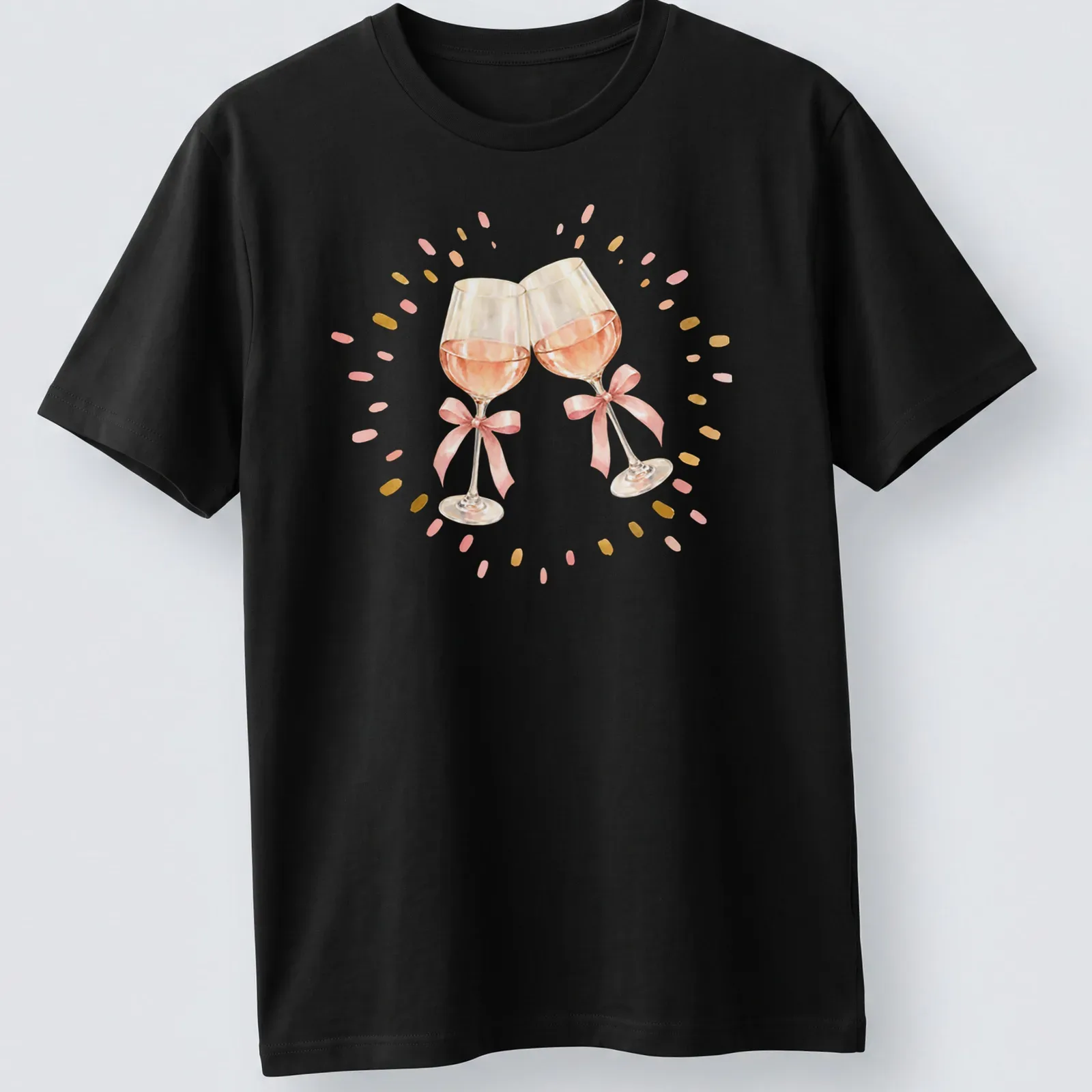 Watercolor design of two pink wine glasses clinking against a white background — printed on a unisex t-shirt