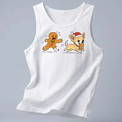 Kawaii line-art Chihuahua playfully stealing a gingerbread leg in festive colors — printed on a tank top