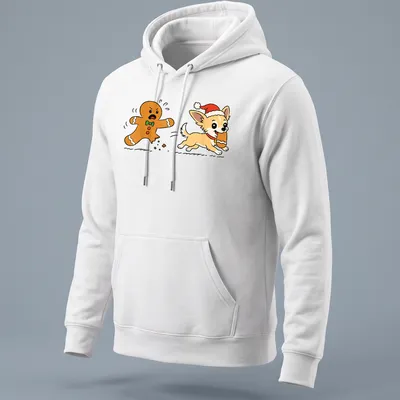 Kawaii line-art Chihuahua playfully stealing a gingerbread leg in festive colors — printed on a unisex hoodie