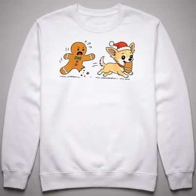 Kawaii line-art Chihuahua playfully stealing a gingerbread leg in festive colors — printed on a unisex sweatshirt