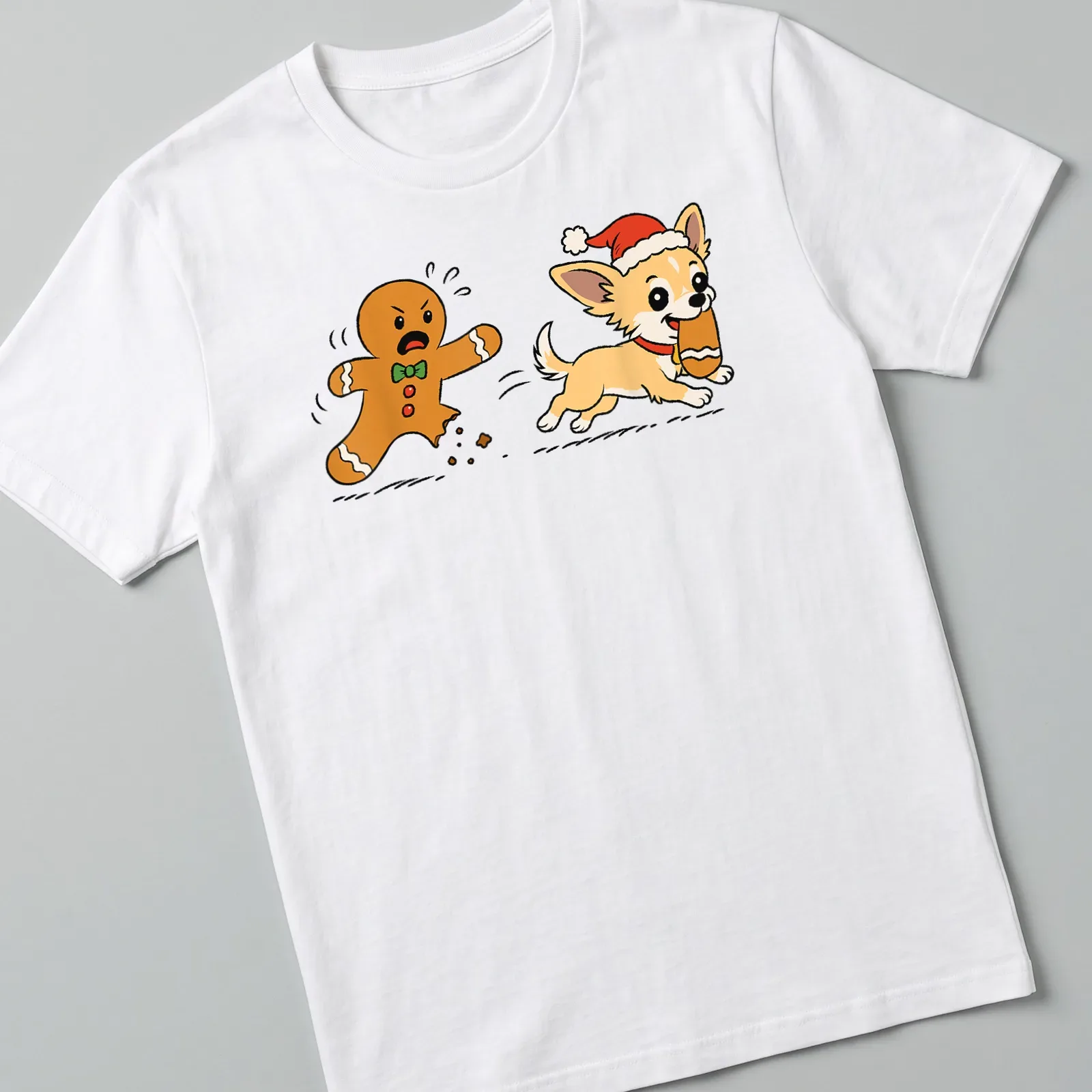Kawaii line-art Chihuahua playfully stealing a gingerbread leg in festive colors — printed on a unisex t-shirt