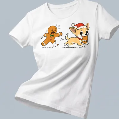 Kawaii line-art Chihuahua playfully stealing a gingerbread leg in festive colors — printed on a women's shirt