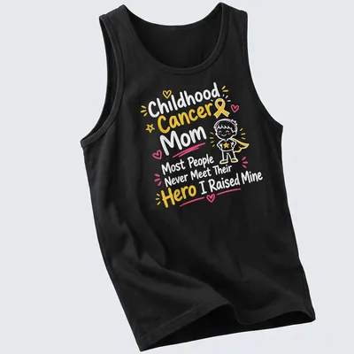 Cartoon superhero boy with text celebrating childhood cancer moms — printed on a tank top