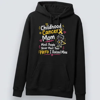 Cartoon superhero boy with text celebrating childhood cancer moms — printed on a unisex hoodie