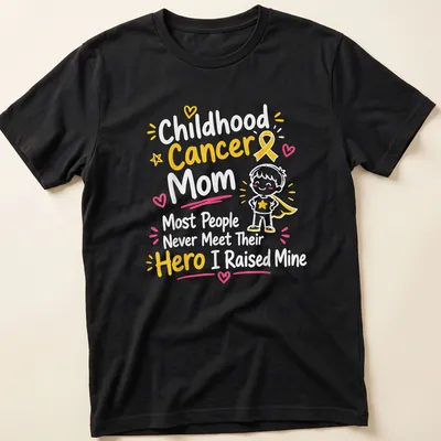 Cartoon superhero boy with text celebrating childhood cancer moms
