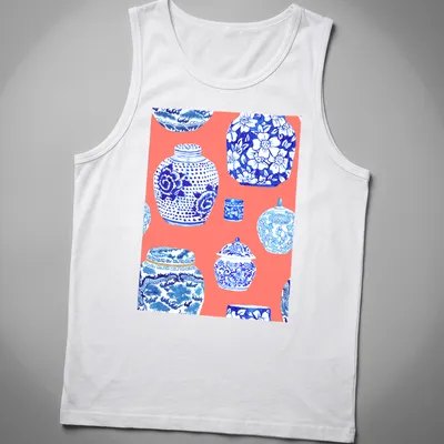Watercolor design of ginger jars in neon peach, coral, blue, and white. — printed on a tank top