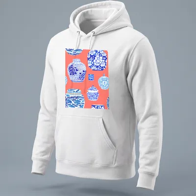Watercolor design of ginger jars in neon peach, coral, blue, and white. — printed on a unisex hoodie