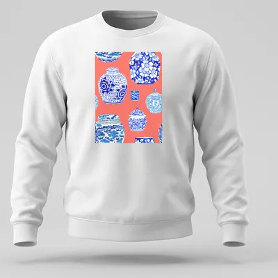 Watercolor design of ginger jars in neon peach, coral, blue, and white. — printed on a unisex sweatshirt