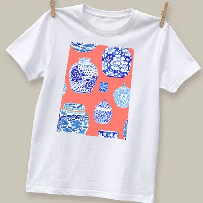 Watercolor design of ginger jars in neon peach, coral, blue, and white.