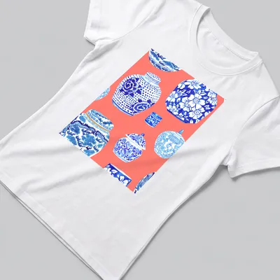 Watercolor design of ginger jars in neon peach, coral, blue, and white. — printed on a women's shirt