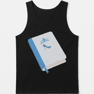 Minimalist illustration of a high heel shoe on an open book in light blue and cream. — printed on a tank top
