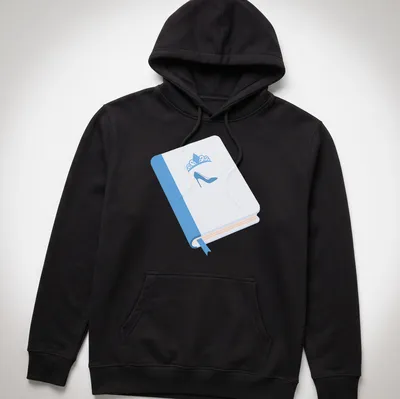Minimalist illustration of a high heel shoe on an open book in light blue and cream. — printed on a unisex hoodie