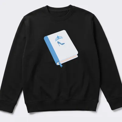 Minimalist illustration of a high heel shoe on an open book in light blue and cream. — printed on a unisex sweatshirt