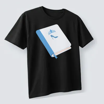 Minimalist illustration of a high heel shoe on an open book in light blue and cream. — printed on a unisex t-shirt (angled view)