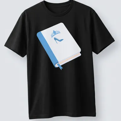Minimalist illustration of a high heel shoe on an open book in light blue and cream.