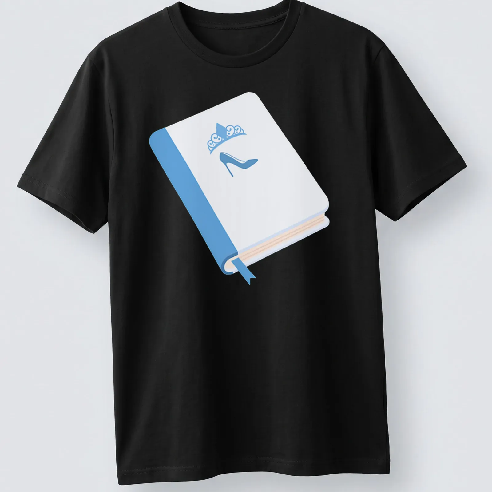 Minimalist illustration of a high heel shoe on an open book in light blue and cream. — printed on a unisex t-shirt