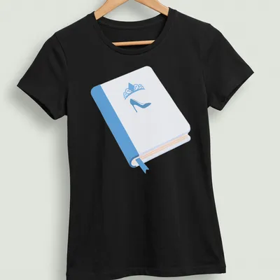 Minimalist illustration of a high heel shoe on an open book in light blue and cream. — printed on a women's shirt