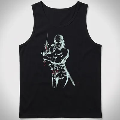 Ciri from The Witcher in a sword-fighting pose, illustrated in Sumi-e style — printed on a tank top