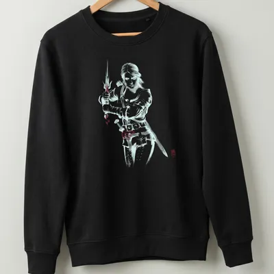 Ciri from The Witcher in a sword-fighting pose, illustrated in Sumi-e style — printed on a unisex sweatshirt