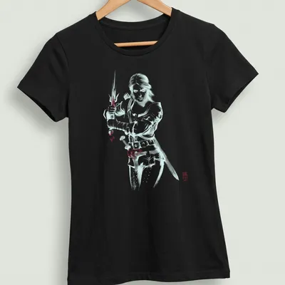 Ciri from The Witcher in a sword-fighting pose, illustrated in Sumi-e style — printed on a women's shirt