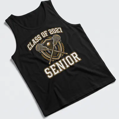 Bold vintage graduation tee with lacrosse sticks and shield in gold and white — printed on a tank top