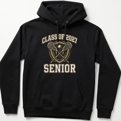 Bold vintage graduation tee with lacrosse sticks and shield in gold and white — printed on a unisex hoodie