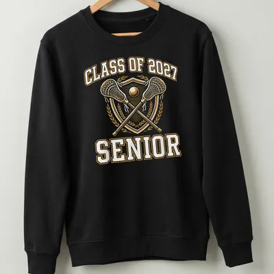 Bold vintage graduation tee with lacrosse sticks and shield in gold and white — printed on a unisex sweatshirt