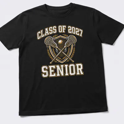 Bold vintage graduation tee with lacrosse sticks and shield in gold and white