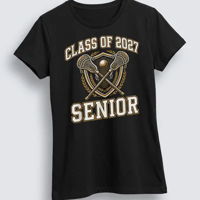Bold vintage graduation tee with lacrosse sticks and shield in gold and white — printed on a women's shirt