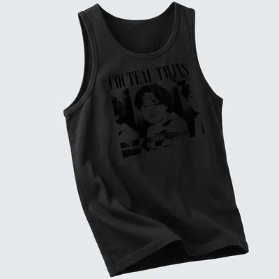 Black and white portrait of a woman with Cocteau Twins text above — printed on a tank top
