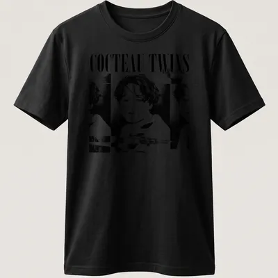 Black and white portrait of a woman with Cocteau Twins text above