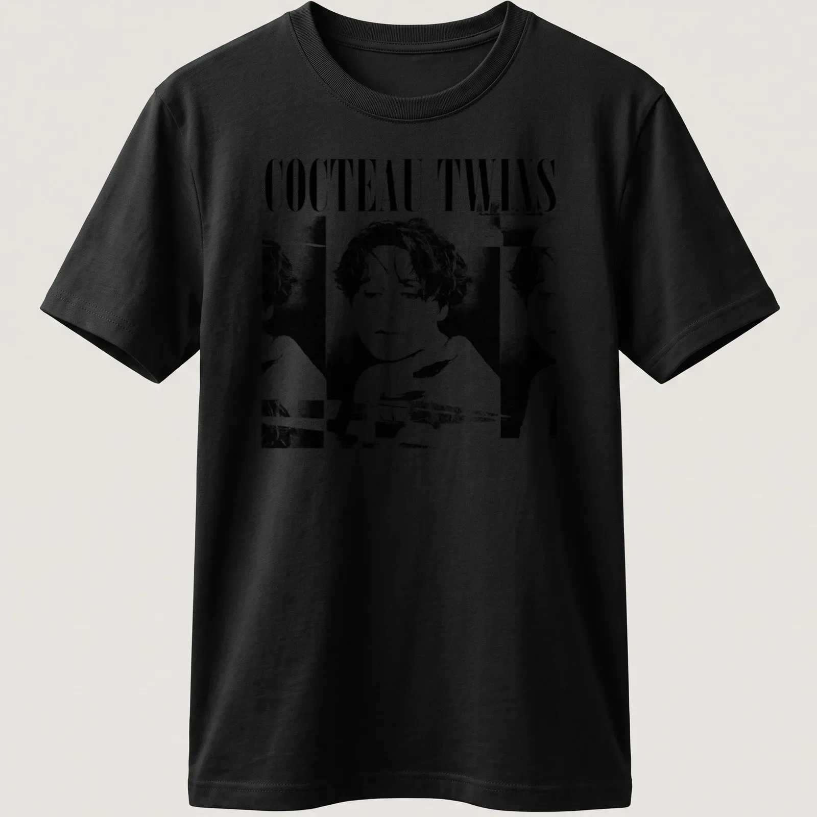 Black and white portrait of a woman with Cocteau Twins text above — printed on a unisex t-shirt