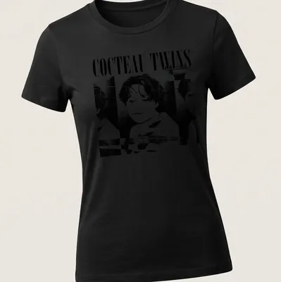 Black and white portrait of a woman with Cocteau Twins text above — printed on a women's shirt
