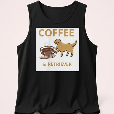 Playful illustration of a Golden Retriever next to the text 'COFFEE & RETRIEVER' in brown and gold — printed on a tank top