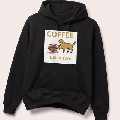 Playful illustration of a Golden Retriever next to the text 'COFFEE & RETRIEVER' in brown and gold — printed on a unisex hoodie